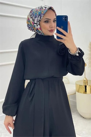 Neşeli Butik Kadın Krep Kuşaklı Gül Detaylı Salaş Tulum Nms003 Siyah