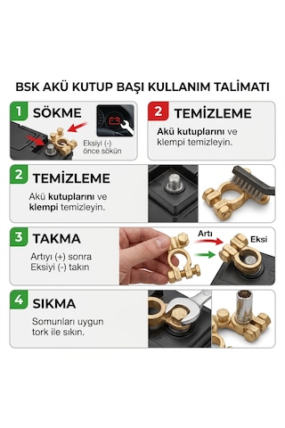 Bsk Vidalı Akü Kutup Başı Seti Artı + Ve Eksi - Pirinç Akü Kutup Başlığı 2'li Takım