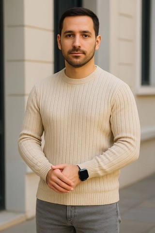 Barlashive Erkek Bisiklet Yaka Triko Kazak Pamuklu Kalın Fitilli Dokuma Regular Fit - Bej Çok Renkli