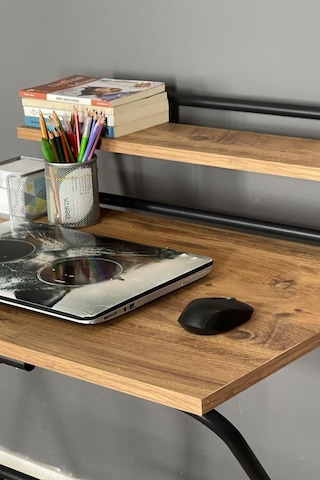 Lich Metal Ayaklı Katlanır Çalışma Masası Raflı Laptop Sehpası Çizim Ve Ders Masası Ceviz - Siyah