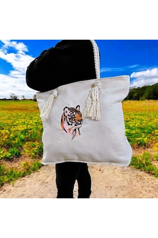 Kaplan Nakışlı Bez Çanta Naturel Ten