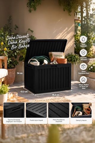 Porsima 161001-010 130lt Kilitli Organizer Kapaklı Bahçe Balkon Kiler Sandığı Çok Amaçlı Depolama Sandığı Siyah Siyah