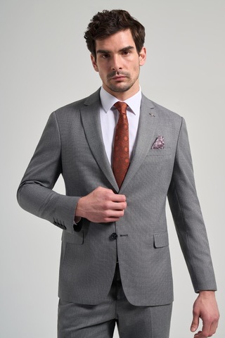 İmza Kendinden Desenli Bez Ayağı Mono Yaka Tam Astar Esnek 6 Drop Slim Fit Takım Elbise 1001250168 Gri