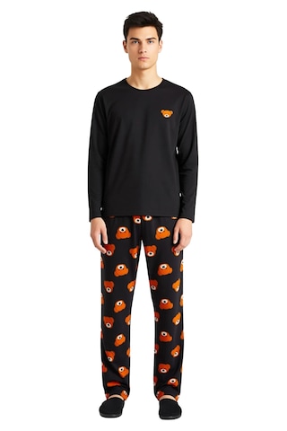 Ersefa Ayıcık Desenli Bisiklet Yaka Uzun Kollu Pijama Seti Unisex Fonksi Siyah
