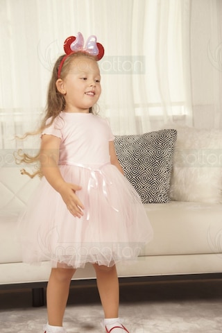 Tüllü Baskısız Düz Üst Kısım Ribana Alt Kısım Astarlı Tütü Etek Kız Çocuk Prenses Kısa Kollu Elbise Pembe