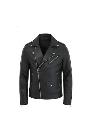 Mero Life Erkek Çapraz Fermuarlı Deri Ceket - Siyah