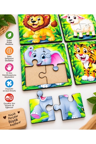 8 Adet 10x10 Cm Ahşap Hayvanlar Mini Puzzle Seti Animal