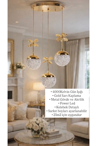 Bruce Üçlü Sarkıt Parlak Gold Sarı Avize Gün Işığı Power Ledli Kelebekli Altın - Gold