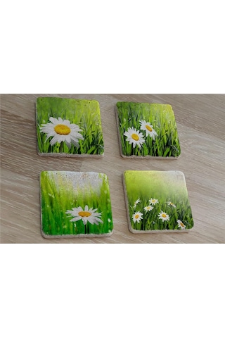 Papatyalar Doğal Taş Bardak Altlığı 4'lü Set - Natural Stone Coasters - Taş Çok Renkli