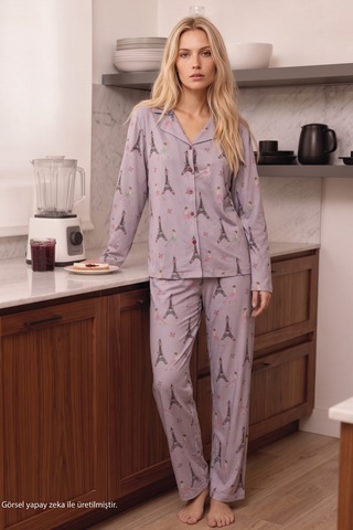 Siyah İnci Lila Desenli Termal Kumaşlı Ultra Soft Yumuşak Düğmeli Örme Pijama Takımı 26226126