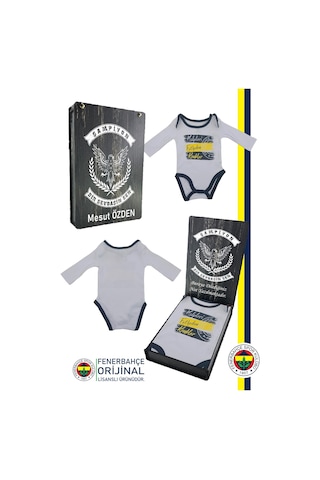 Fenerbahçe Lisanslı Kalpleri Fetheden Renkler Bebek Body Zıbın Kişiye Özel Hediyelik Ahşap Kutulu Beyaz