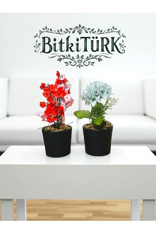 Bitkitürk- 2li Seramik Saksıda Yapay Çiçek Ofis Cafe Salon