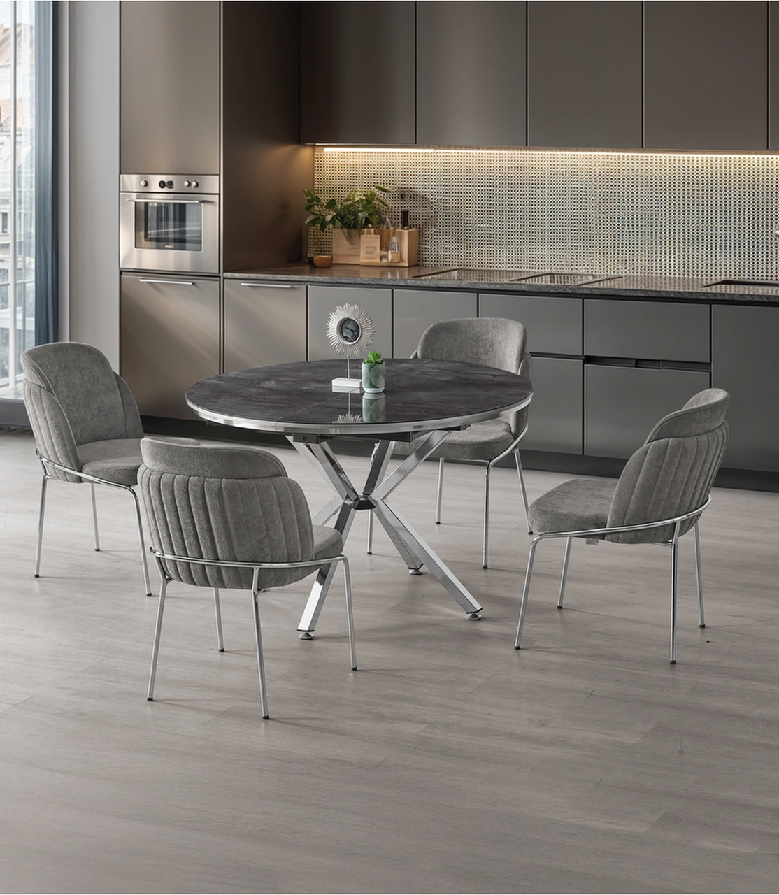 Dengema Zenit Plus Açılır Yuvarlak Masa Takımı Siyah Mermer Krom Ayak Ø120 160 Cm, 4 Sandalye Siyah Mermer - Krom Ayak