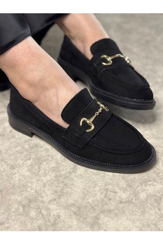 Günlük Kadın Siyah Loafer Klasik Desenli Taban Tokalı Oval Burunlu Makosen Ayakkabı 120 Siyah Süet Altın