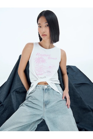 Tvoe Baskılı Yazıdan Belinde Dantel İle Bağlı Yazlık Askılı Üst 226125399 Beyaz