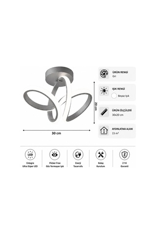 AvizeGO Sion Led Plafonyer Avize Beyaz Işık Gri