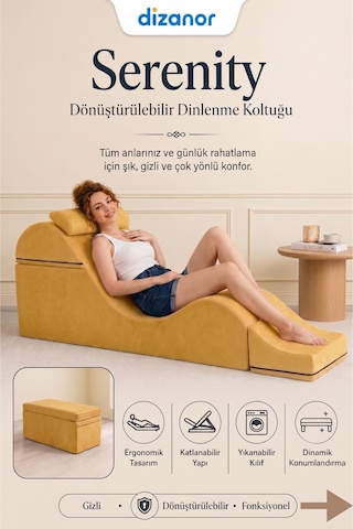 Serenity Çok Amaçlı Dinlenme Koltuğu Katlanabilir Bench Formlu Şezlong Yetişkin Çiftler İçin Ergonomik Destek Minderi Sarı