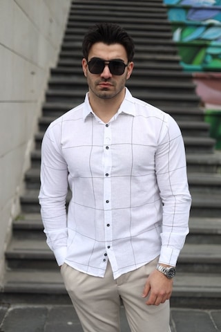 Erkek Pamuklu Keten Kumaş Gömlek Beyaz