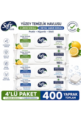 Soft Plus Yüzey Temizlik Havlusu Beyaz Sabun Ve Limon Kokulu 400 Yaprak 4'lü Set