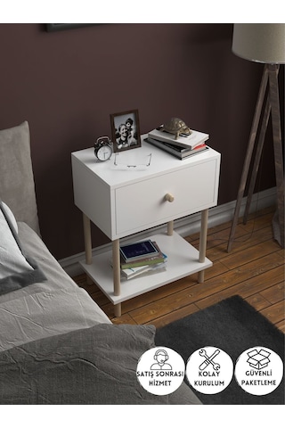 Düşer Kapaklı Raflı Modern Komodin Yatak Odası Başucu Düzenleyici Ahşap Ayaklı Yan Sehpa - Beyaz Beyaz