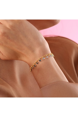 Queen Silver Jewelry 925 Ayar Gümüş Mavi Renk Geçişli Top Zincirli Bileklik Altın