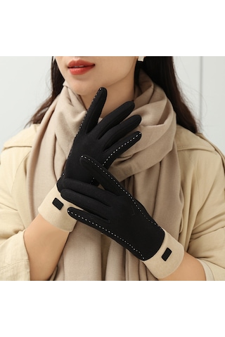 Cbtx Dokunmatik Özellikli Şık Mode Kadife Sıcak Soğuk Dayanıklı Kadın Eldiven Siyah