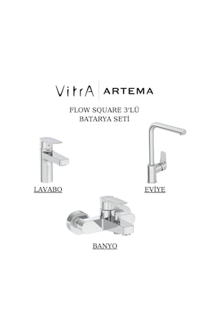 Artema Flow Square Krom Lavabo Banyo Eviye Bataryası 3'lü Set A43044-A43063-A43396 Krom