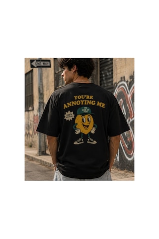 Qmen Style Unisex Siyah Oversize Baskılı T-shirt Limon %100 Pamuk