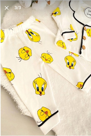 Minipanda Kız Erkek Unisex Lüx Alt-üst 2 Parça Desenleri Canlı Pamuklu Pijama Takımı Ekru Tweety Desenli