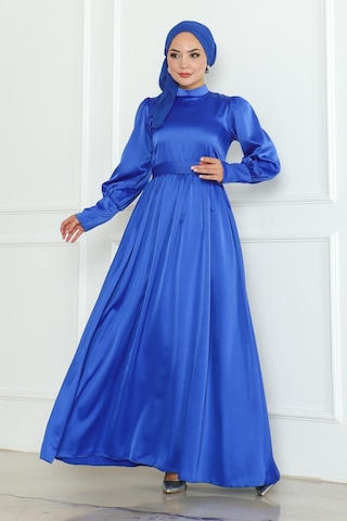 Kuşaklı Saten Abiye 1136 - Saks Mavisi