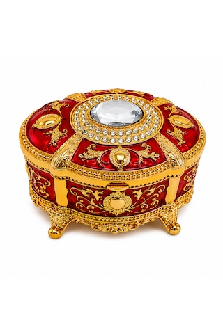 Kristal Taşlı Oval Mücevher Kutusu Kadife İç Kaplamalı Gold İşlemeli Takı Kutusu Dekoratif Saklama Kutusu Kırmızı