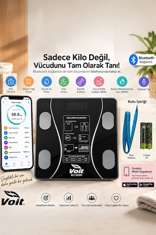 Voit Blt5000 Bluetooth Baskül - Dijital Akıllı Tartı - Yağ Ölçer Tartı - Pil Ve Mezura Hediyeli Tartı - Siyah