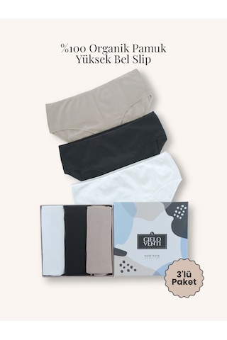 Must Have 3'lü Organik Pamuk Yüksek Bel Slip Külot Siyah - Beyaz - Krem