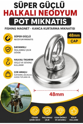 48 Mm Halkalı Neodyum Pot Mıknatıs Süper Güçlü Fishing Magnet Kurtarma Mıknatısı
