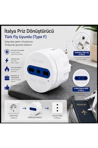 İtalya Dişi (Type L) Türk Erkek (Type F) Priz Dönüştürücü 16A 250V İtalya Uyumlu 3 Pin Adaptör -