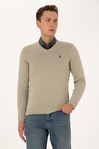 U.S. Polo Assn. Erkek Slim Fit V Yaka Haki Melanj Basic Triko Kazak 50313662-VR193