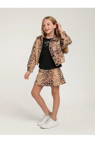 Kız Çocuk Leopar Desenli Tek Cepli Ceket-15592 Kahverengi