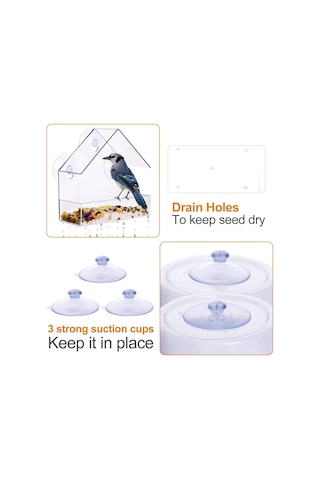 Yuntech01 Akrilik Duvarlı Kuş Yemleme Kutusu - Su Geçirmez, 3 Emme Çubuğuyla Sabitlenir, Havalandırma Delikleriyle Tohumları Kuru Tutar
