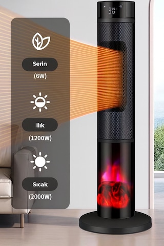 Şömineli Seramik Kule Tipi Dikey Isıtıcı Uzaktan Kumandalı