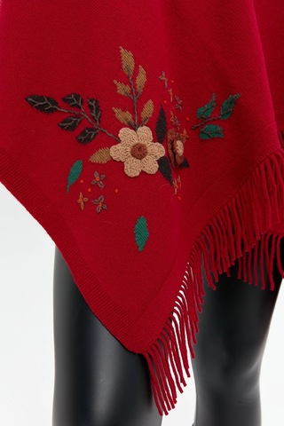 Desen Triko Kadın Papatya İşlemeli Püsküllü Yün Şal 24028 K.kırmızı K.kırmızı Kırmızı