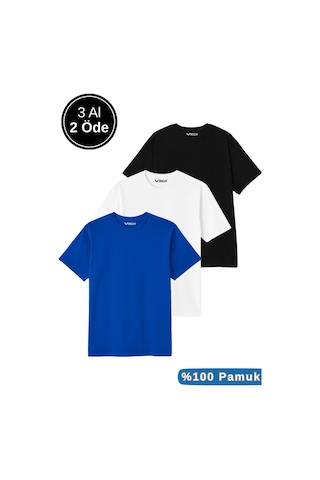 Rich Erkek 3'lü Paket Siyah-kırmızı-mavi Pamuklu Oversize Tişört Bisiklet Yaka Kısa Kollu T-shirt Mavi
