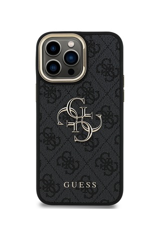 Apple iPhone 13 Pro Max Uyumlu Kılıf Guess Lisanslı Metal 4g Ve Yazı Logolu Kamera Standlı Kapak Siyah