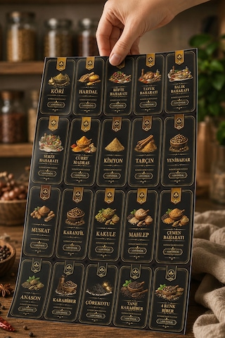 57 Çeşit Premium Baharat Etiketi Seti Suya Dayanıklı Folyo Kavanoz Sticker Siyah