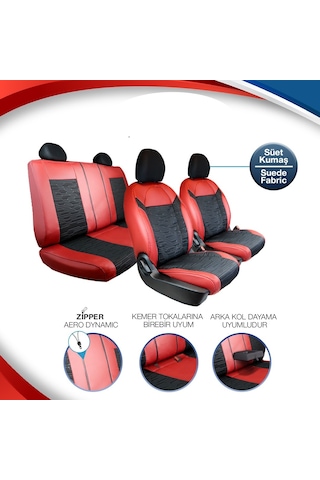 Fiat Doblo 2010-2015 2+1 Yarı Deri Oto Koltuk Kılıfı Ön Arka Set Kırmızı Siyah Şhn
