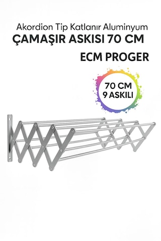Ecm Proger Akordiyon Katlanabilir Çamaşır Kurutma Askısı - 70 Cm Genişlik 9 Çubuklu Model Açık Gri