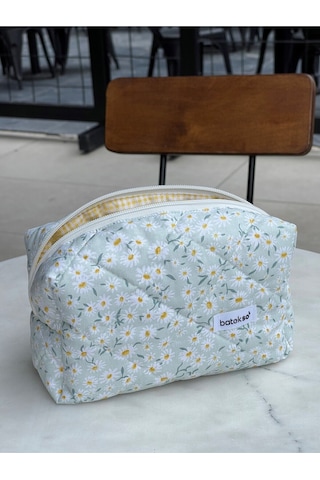 Batekso Büyük Boy Beyaz Papatya Desenli Makyaj Çantası