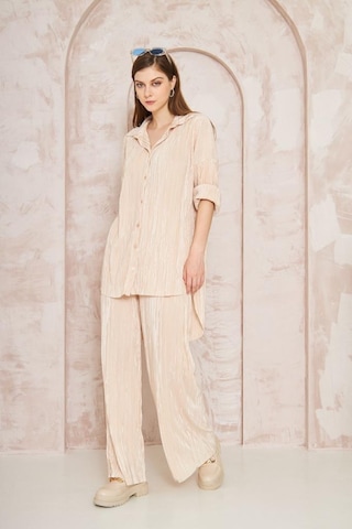 Kadın Pliseli Beli Lastikli Pantolon Tunik Gömlek Ikili Bürümcük Salaş Takım 3573300 Bej