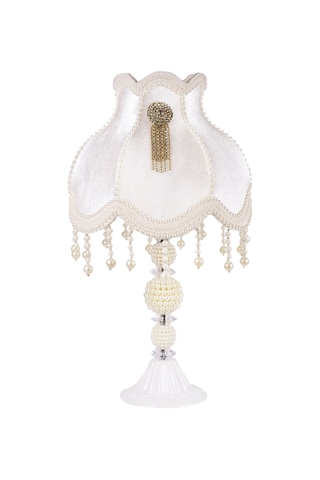 Broş Dekorlu Abajur Beyaz Klasik Model İncili Ayak