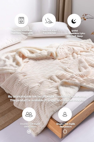 Sherpa Battaniye Çift Kişilik Çizgili Yumuşak Peluş Wellsoft Yatak Örtüsü Krem