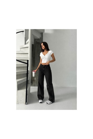 Bluemarlin Siyah Yüksek Bel Likralı Boyfriend Bol Paça Kot Pantolon Siyah